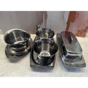 Vtg Stainless Steel Flower Emboss 70s MCM Japan Butter Sugar Creamer Gravy Boat